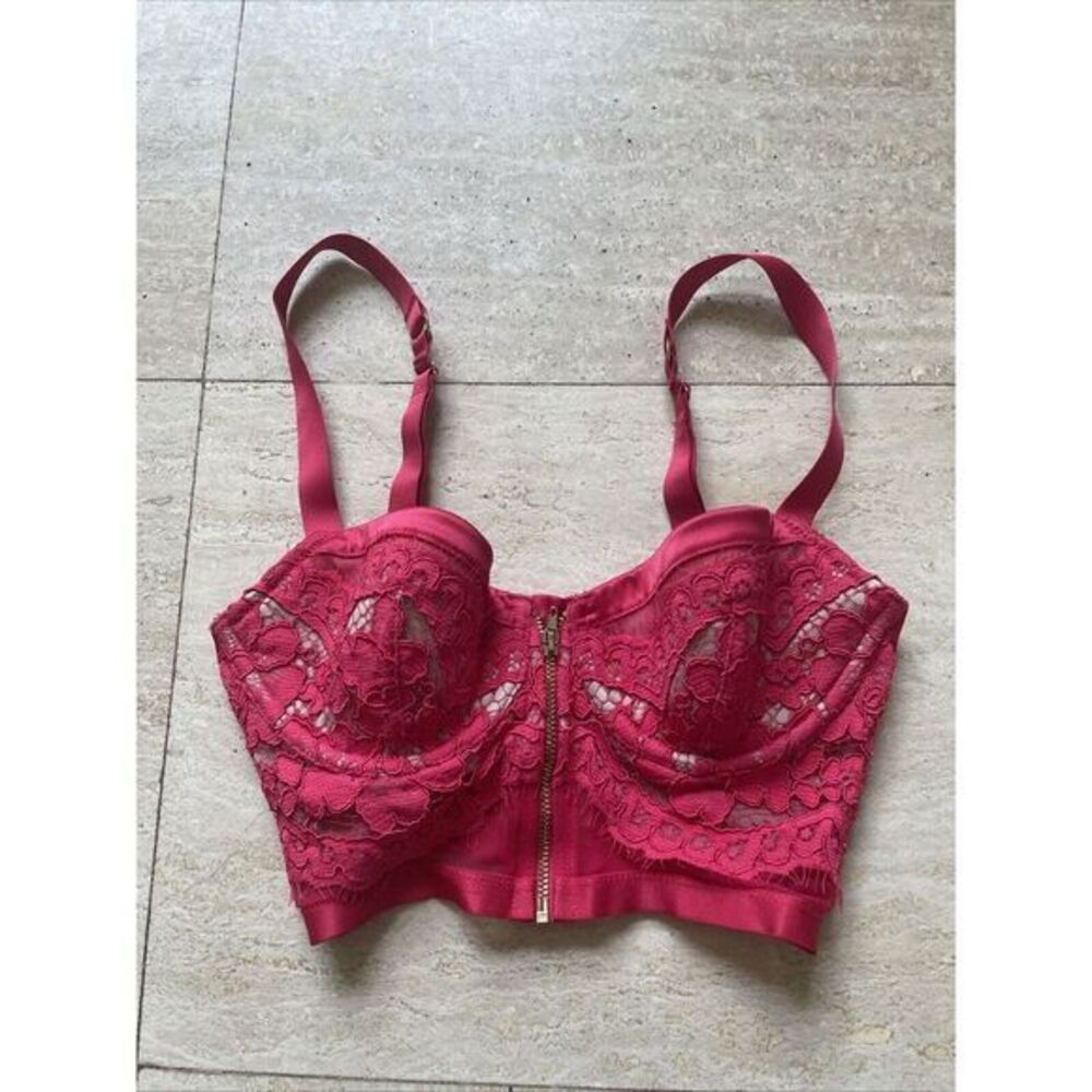 Victorias Secret Long Line Underwire Lined Demi Satin Lace Bra Neon Pink 32C‎